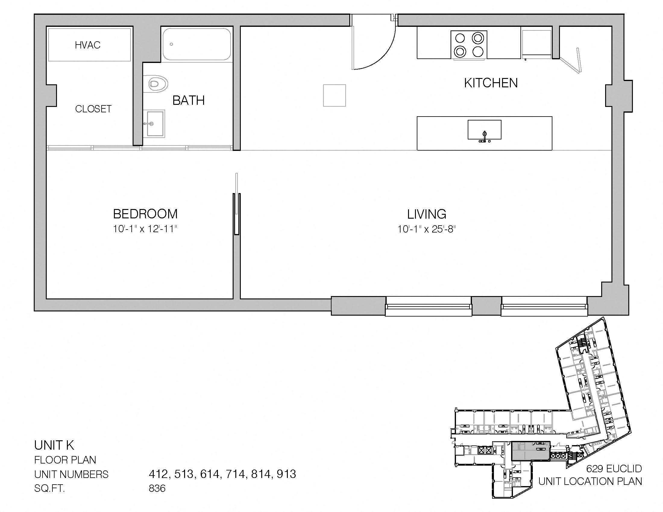 Floor plan for 1 bed, 1 bath, 836 sqft